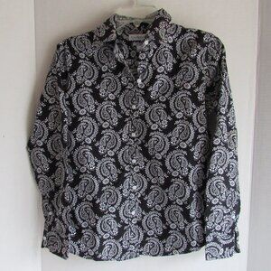 Kim Rogers Black White Paisley No Iron Button Down LS Cotton Shirt Size Small